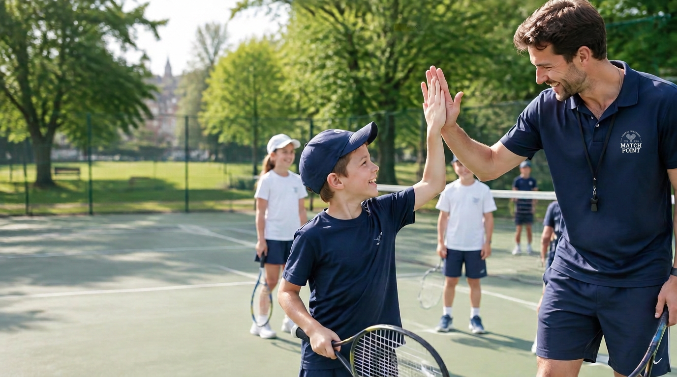 Match Point coach high-fiving a young player on a sunny community court